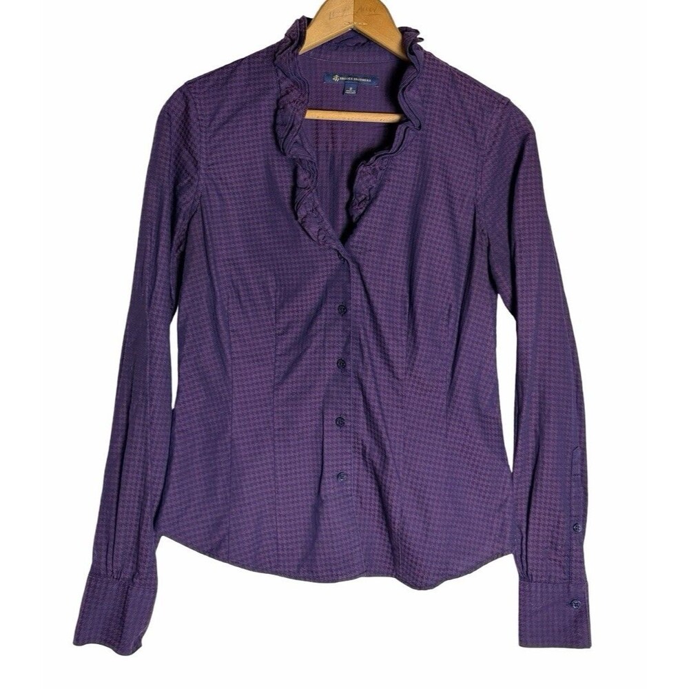 Brooks Brothers Top Womens 2 Button Up Purple Houndstooth Check Ruffle Preppy
